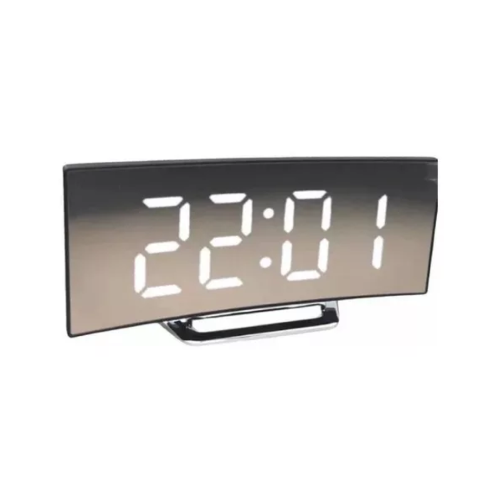 Relogio de Mesa Curvado com Led Espelhado Alarme Brilho Ajustavel