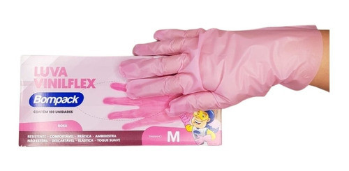 Luva Vinilflex Rosa Cx C/100 Tam M Bompack