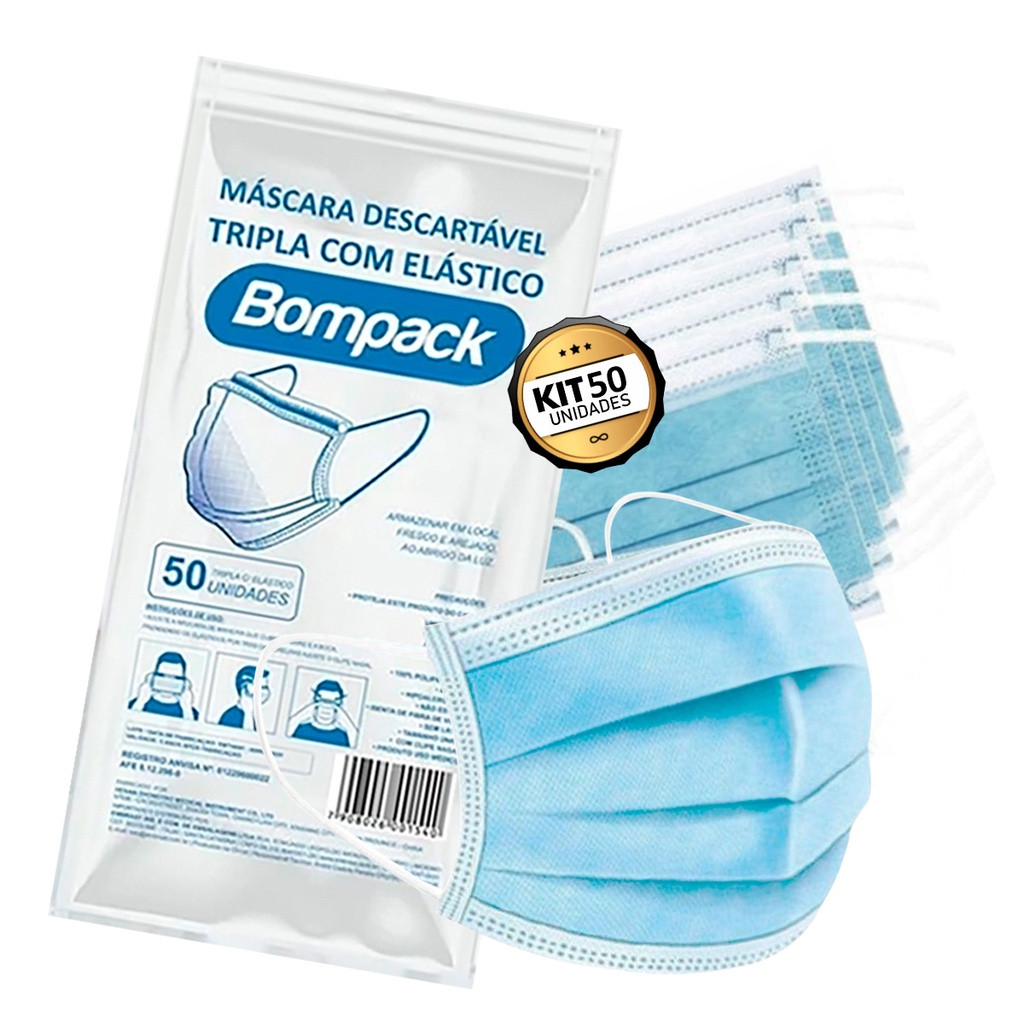 Máscara Tnt Tripla C/ Clipe Nasal Descartável Pct C/50un Bompack