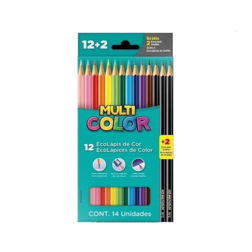 Lápis de Cor 12 Cores Sextavado Multicolor Eco + 2 Lápis Pretos - Faber Castel 