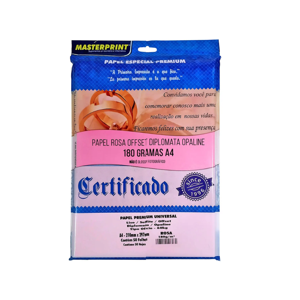 Papel Premium Liso Rosa Certificado A4 180g C/50