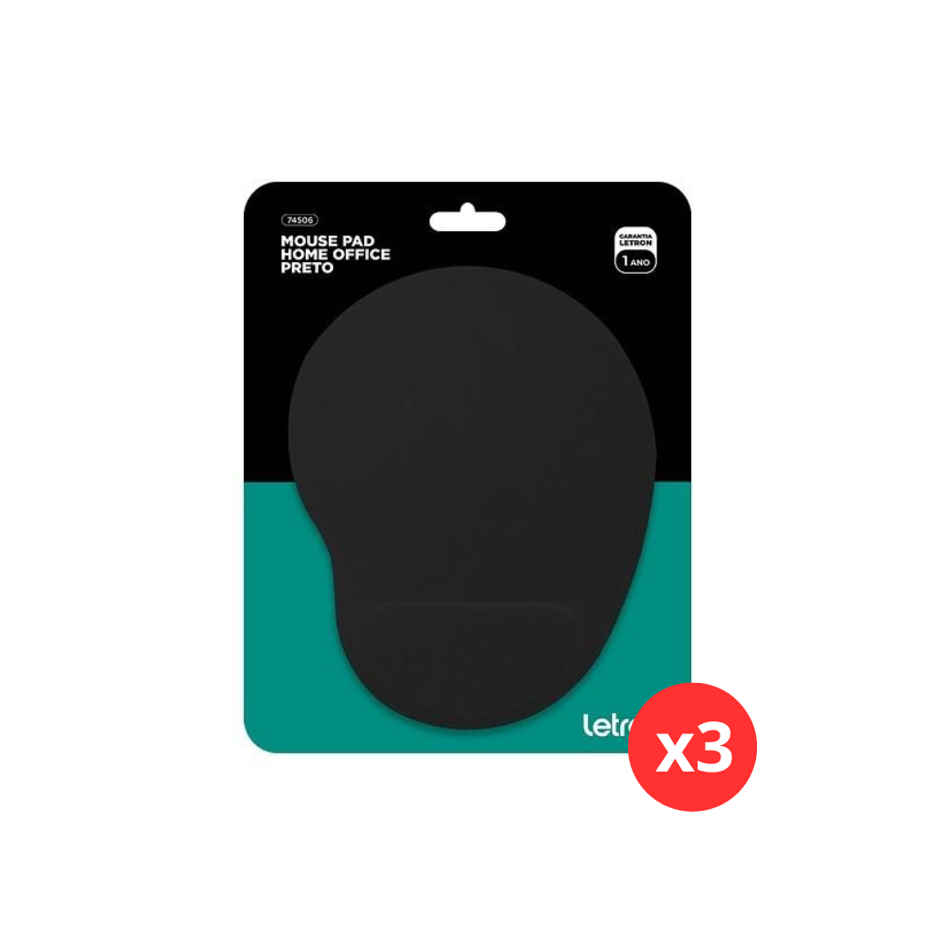 Kit 3 Und Mouse Pad C/apoio Preto Home Office - Letron