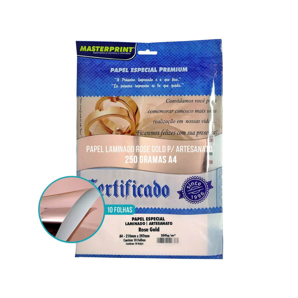 Papel Laminado Rose Gold Certificado A4 250g C/10
