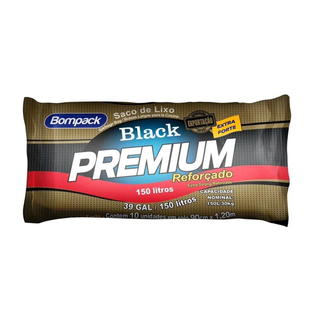 SACO P/ LIXO 150L 90X120 BLACK PREMIUM ROLO C/10UN - BOMPACK 25020