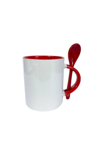 CANECA CERAMICA BRANCA COLHER/INTERIOR/ALÇA  VERMELHO 325ML P/SUBLIMAÇÃO
