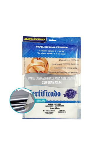 Papel Laminado Prata Certificado A4 250g C/10