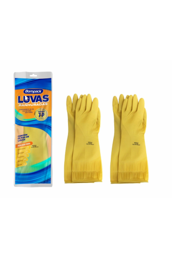 2 Pct Luva Ranhurada Amarela Limpeza Tam 7/p - Bompack