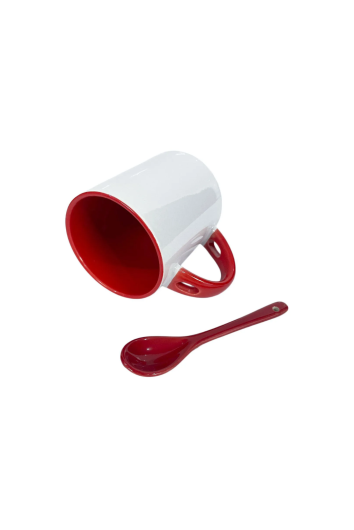 CANECA CERAMICA BRANCA COLHER/INTERIOR/ALÇA  VERMELHO 325ML P/SUBLIMAÇÃO
