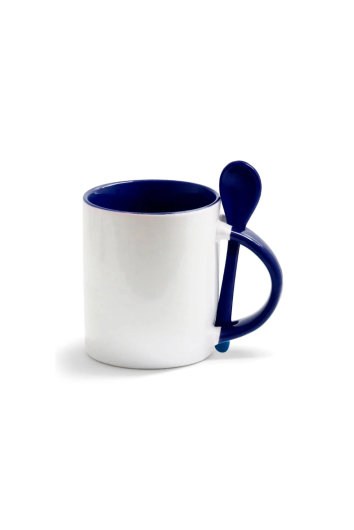 Caneca Ceramica Branca Colher/interior/alça Azul 325ml P/sublimação
