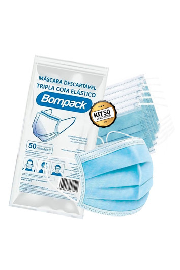 Máscara Tnt Tripla C/ Clipe Nasal Descartável Pct C/50un Bompack